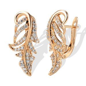 Leaf Zircon Stud Earrings Women'S Copper Plated With Real Gold